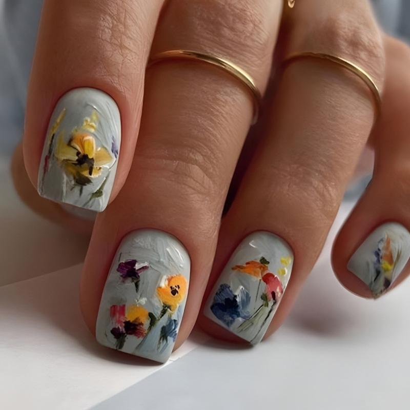 

24 Pcs Spring Artificial Nail Short Square Full Cover False Nail Reusable Stick on Nail 3D Flowers Press On Nail 1