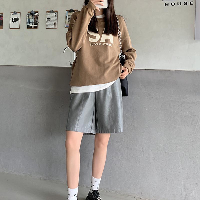 Shorts Damen, hohe Taille, weites Bein, kurze Hose, lockere, lässige, gerade Lederhose