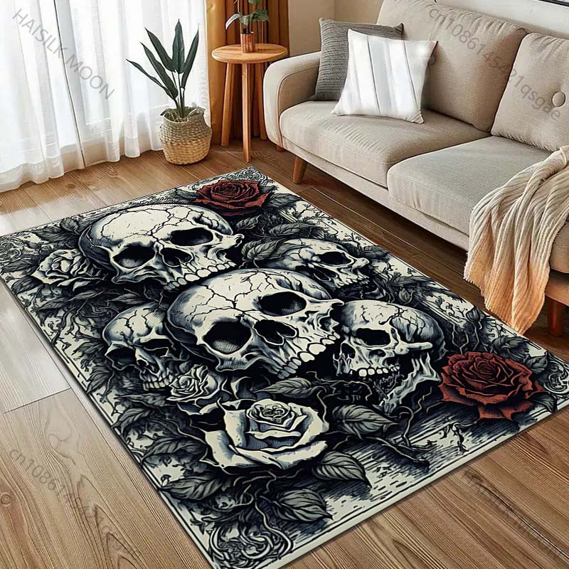 Personalized Skull Roses Art Print Carpet for Living Room Bedroom Bedside Sofa Table Floor Mat Home Area Rug Decor Large Size
