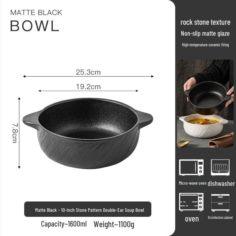 White Double-Ear Ceramic Soup Bowl, Large Noodle/Fish Basin, Anti-Scald, High-End Feel for Home Use