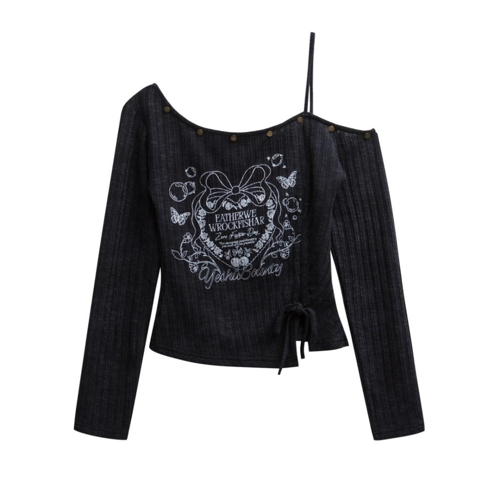 American Retro Y2K Print Off-shoulder Long Sleeve Women's T-shirt