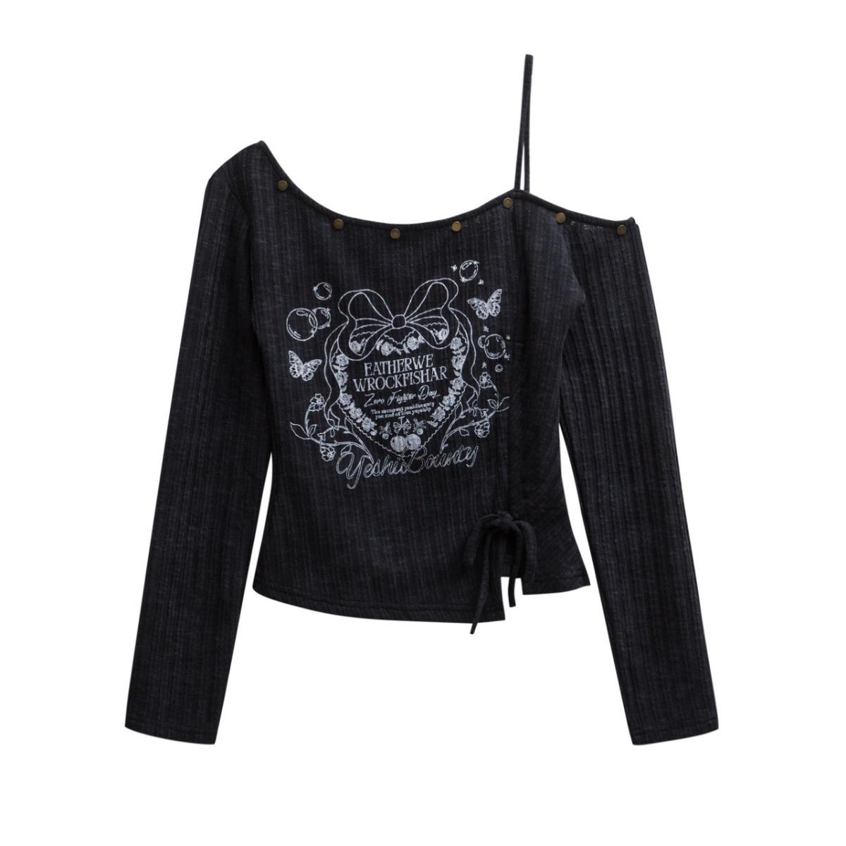 Американская ретро Y2K футболка с принтом, с открытыми плечами, с длинным рукавом, женская S