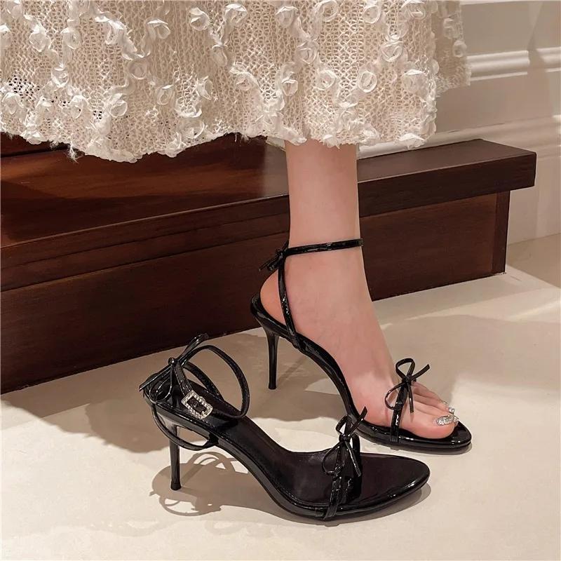 Fashion Bow Women Heeled Sandals Naked High Heels Shoes Woman Slingback 2025 Trend Summer Dress Square Toe Pumps Shallow Sandalias Mujer