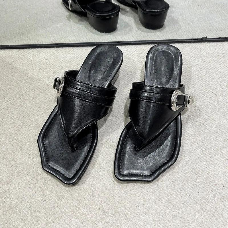 

Fashion 2025 Summer Pinch Toe Women s Slippers Fashion Outdoor Metal Decoration New Belt Buckle Beach Best Seller Flip Flops for Women 40 чёрный