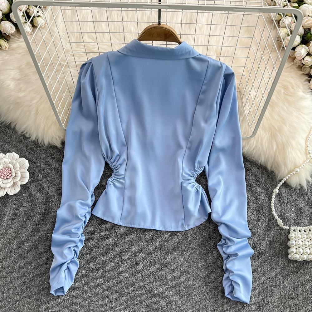 Jarní dámská plisovaná košile bez pasu s dlouhým rukávem, temperamentní krátký top