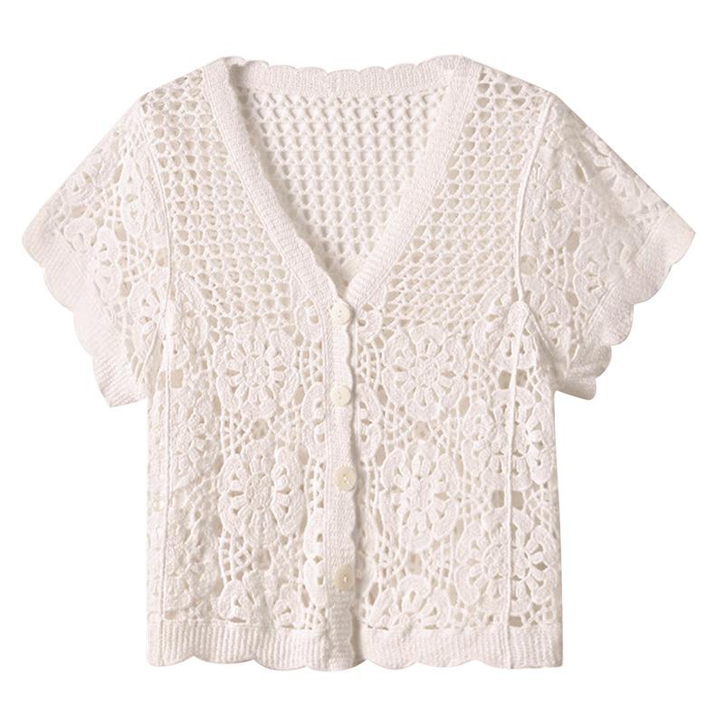 Women's French V-Neck Crochet Knit Cardigan - Chic Summer Fashion, Slimming Loose Fit, Versatile Top