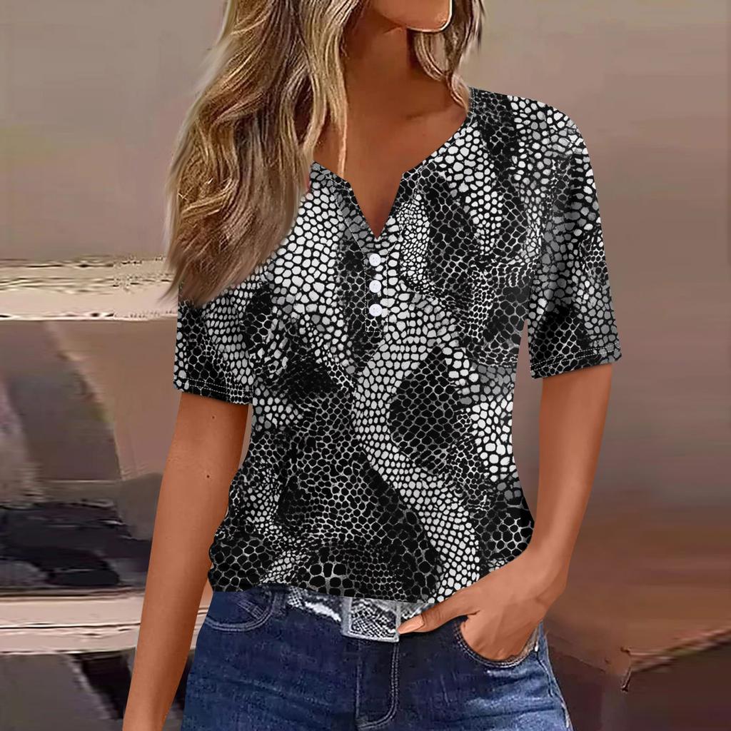 Dámské tričko Tričko Potisk knoflíku Krátký rukáv Denní víkend Móda Basic Top s výstřihem do V