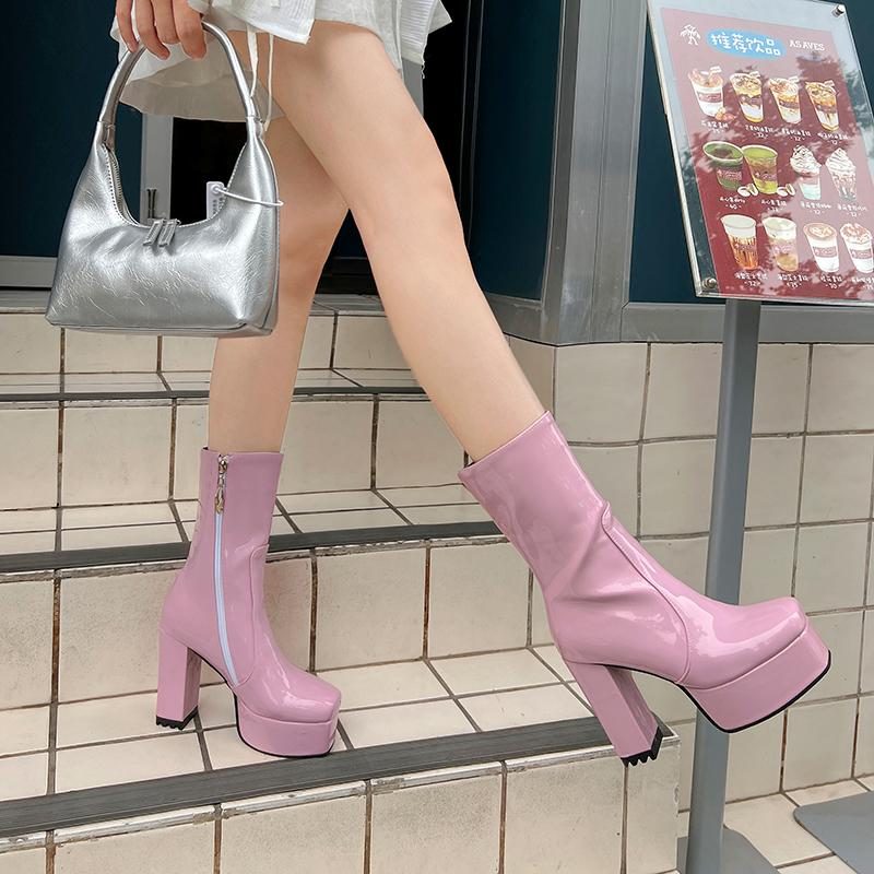 Dame Midtkalvstøvletter Platform Glidelås Kort Støvlett Svart Rosa Rød Hvit Hæl Festsko Damer Vintersko Sko Stor Størrelse