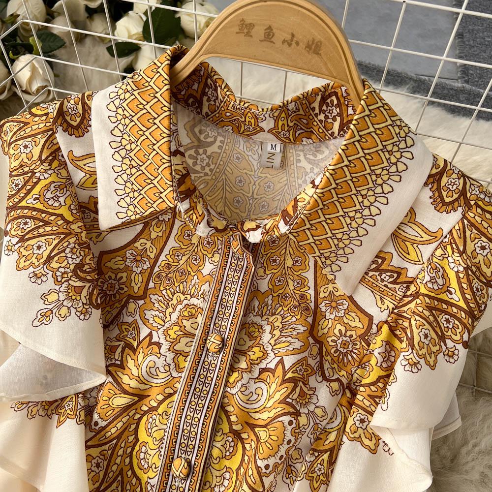 Retro Blumendruck Rüschen Ärmelloses Elegantes Midikleid A-Linie Strandurlaub Gürtelkleid Frauen Koreanische Mode Sommer Vestidos