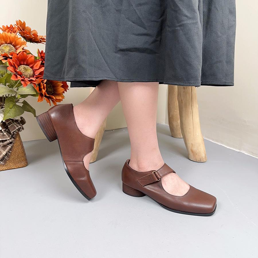 Johnature Однотонные туфли-лодочки из натуральной кожи с квадратным носком универсальная женская обувь в стиле ретро на низком каблуке 36 тёмно-рыжий 6330₽