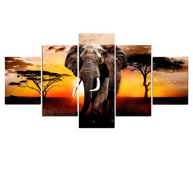 

5 Panels Elephant Posters Canvas Painting Modern Home Decor Sunset African Animal Prints Wall Art Pictures Living Room No Frame 20x35 20x45 20x55cm