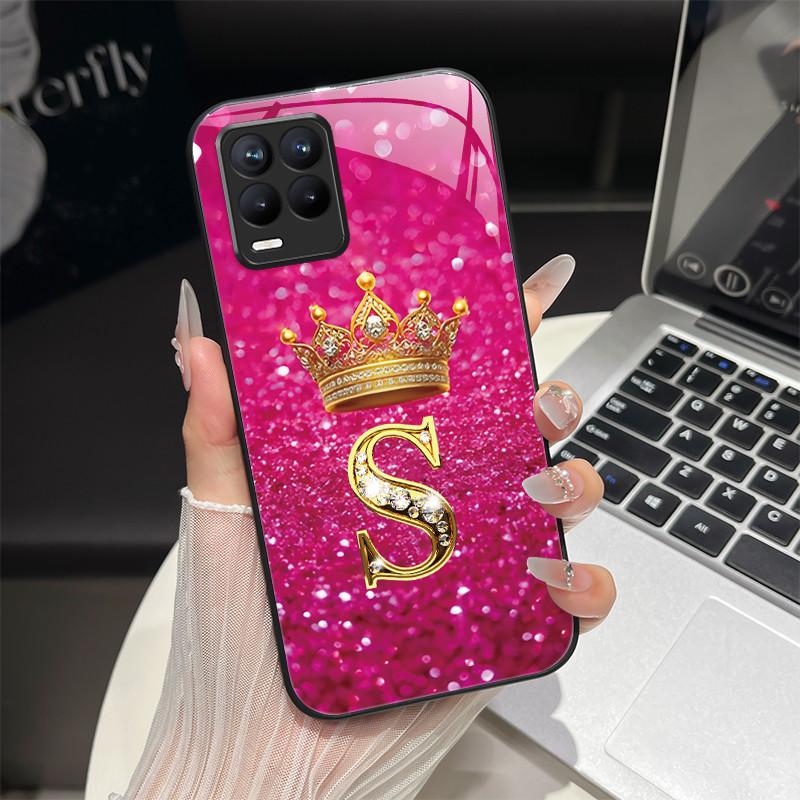 For Realme 8 Case Fashion Letters Hard Tempered Glass Back Cover For Realme 8 Pro 8i Realme8 4G RMX3085 Phone Case Luxury Coque