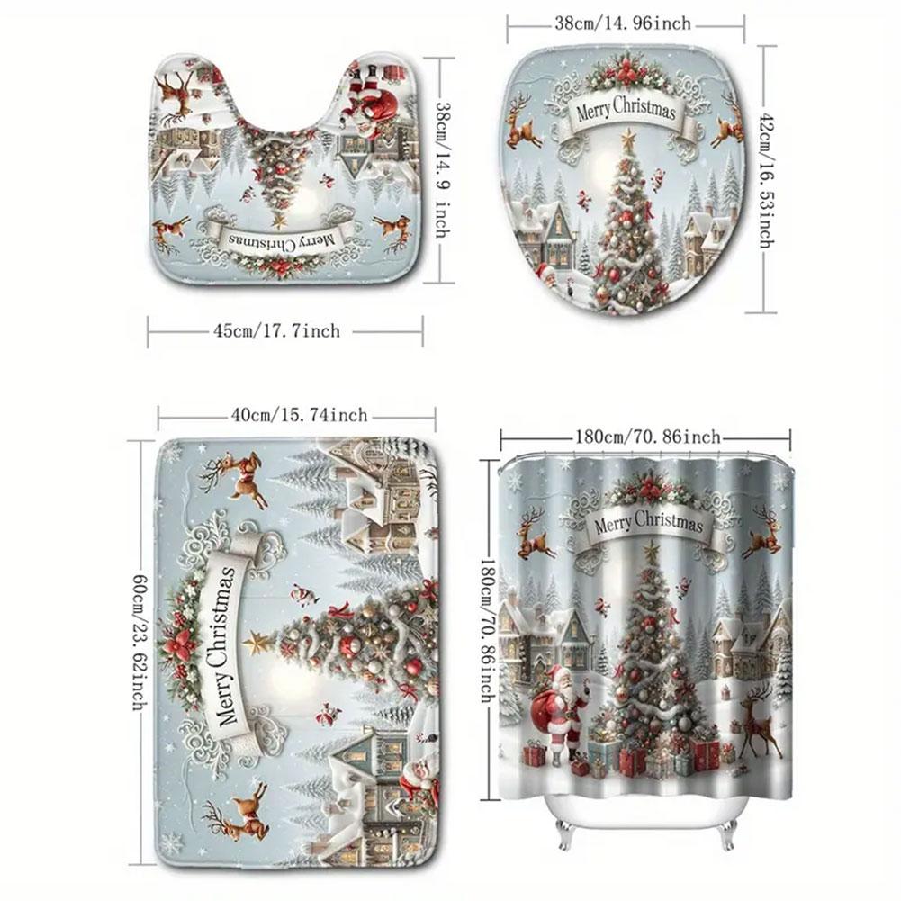 Christmas Shower Curtain Machine Washable Bathtub Curtain with Non-Slip Rugs Toilet Lid Cover and Bath Mat for Bathroom Decor