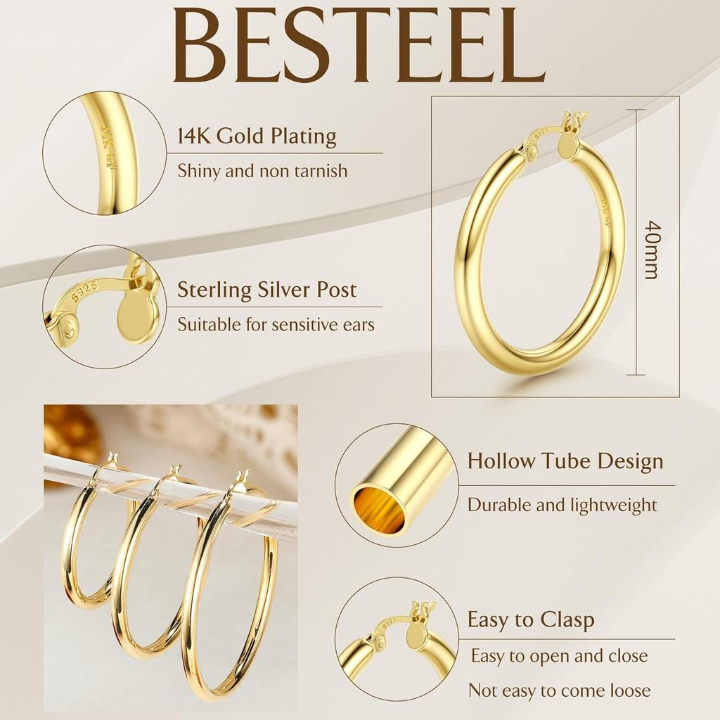 Drperfect 14K Gold Plated Chunky Hoop Earrings for Women Hypoallergenic Lightweight Large Hoops Jewelry