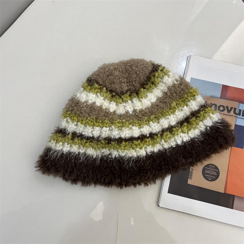 

Модная контрастная полосатая вязаная разноцветная панама женская милая в студенческом стиле теплая защита ушей повседневная шапка-пуловер M（56-58cm） темно-коричневого