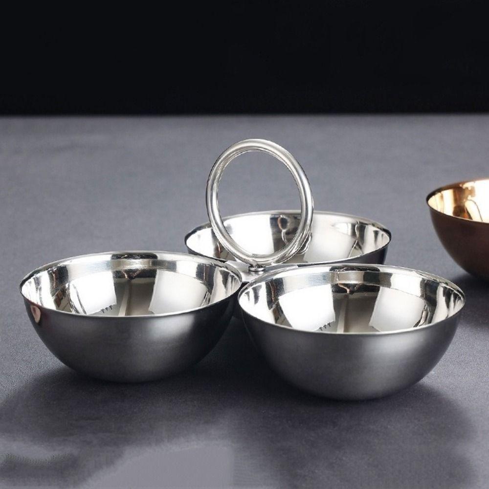 Stainless Steel 3-Compartment Snack Bowl Large Capacity Round Sauce Dish Appetizer Platter  Parties