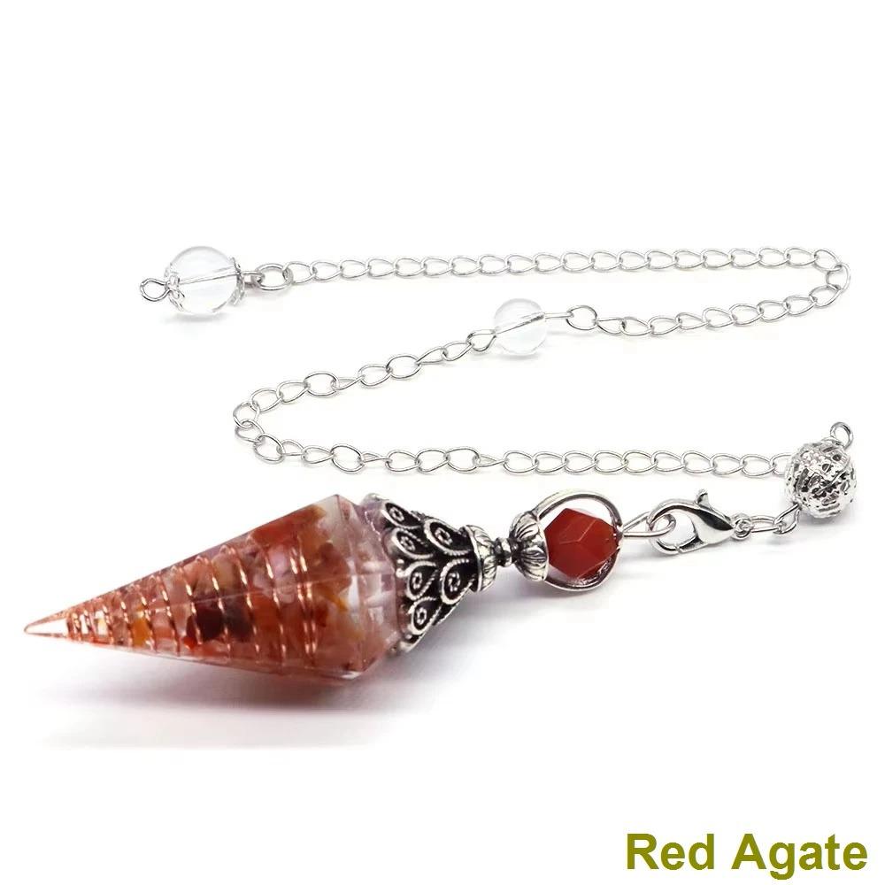 Antique Silver Seven Chakra Crystal Pendulum with Semi-Precious Chips and Resin Hexagonal Cone Pendant