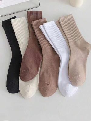 6 Pairs Solid Color Multi Round Neck Women Mid Tube Socks Fashionable Vertical Striped Comfortable Sweat Absorbing Casual Socks