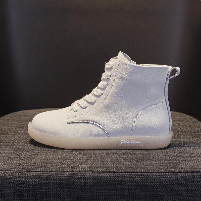 Large size high-top single shoes women's soft leather flats fashion lace-up casual short boots 2025 autumn and winter leather white shoes
