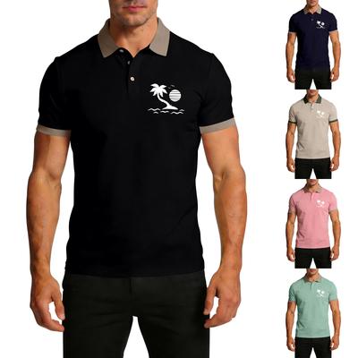 Mens Short Sleeve Polo Shirt with Collar Button Placket Chest Graphic Print Casual Straight Hem Top