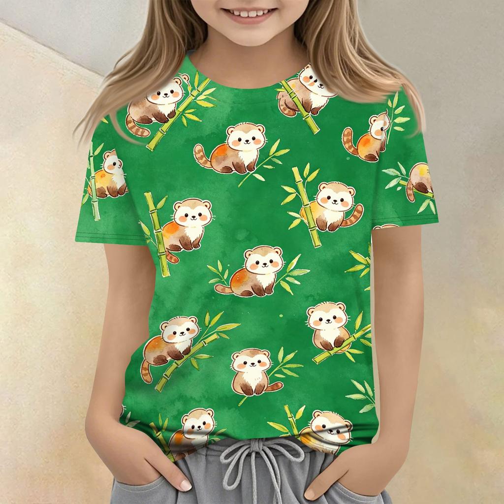 Kids Animal Print Crew Neck Short Sleeve Casual Loose Fit T Shirt Top Lightweight Soft Fabric Comfortable Wear