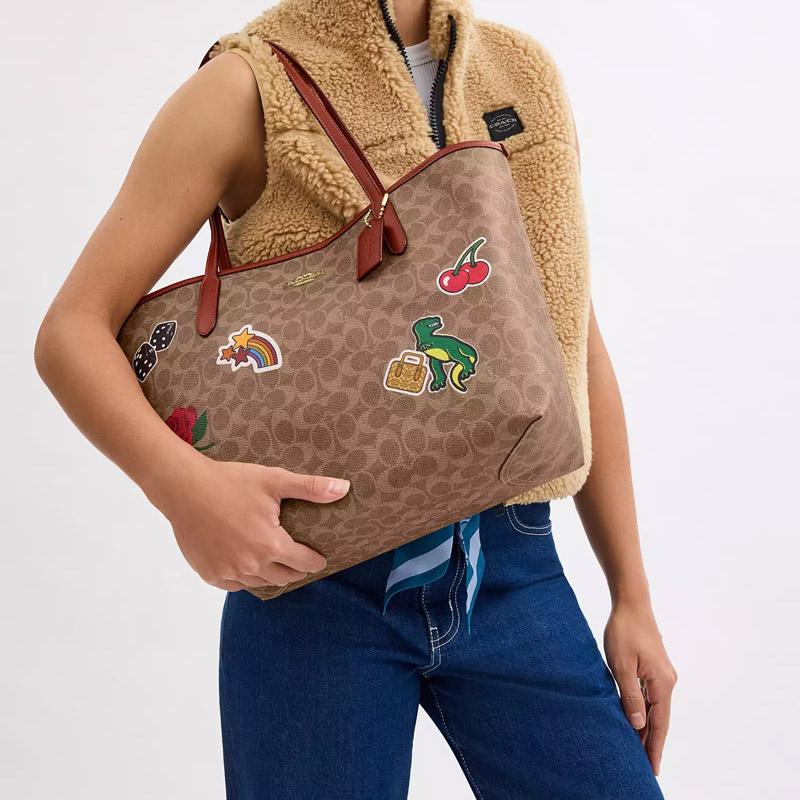 Coach City 33 Sticker Print Snap Closure Coated Canvas Tote Bag Women Tote Brown Multicolor CZ611-IMTAM