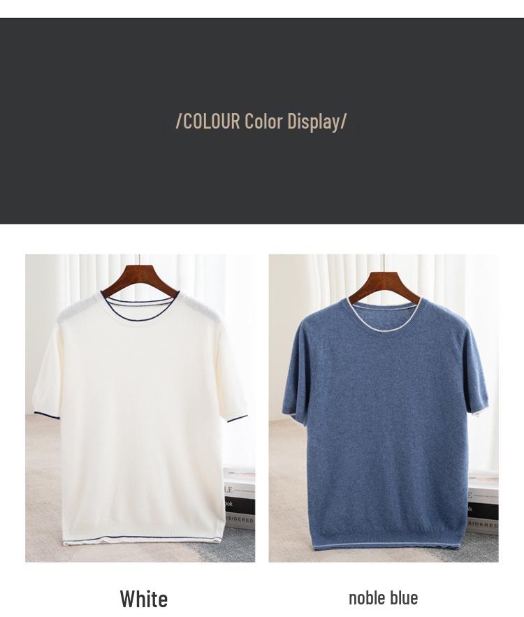 T-shirt à Manches Courtes et Col Rond Color Block 100% Laine Australienne pour Homme - Coupe Ample Décontractée, Couche de Base en Cachemire Printemps/Automne.