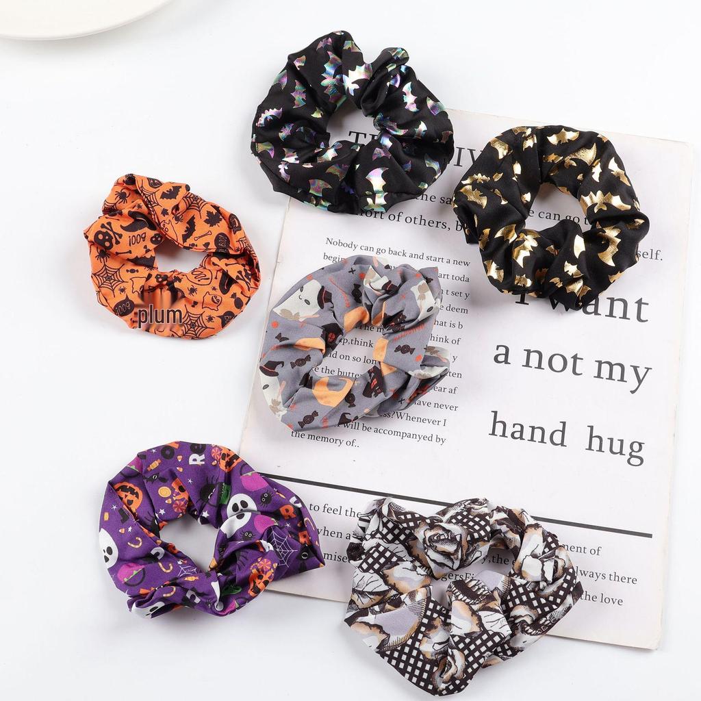 5pcs Halloween Hair Ties: Pumpkin, Ghost, Bat Designs; Strong Elastic Ponytail Holders