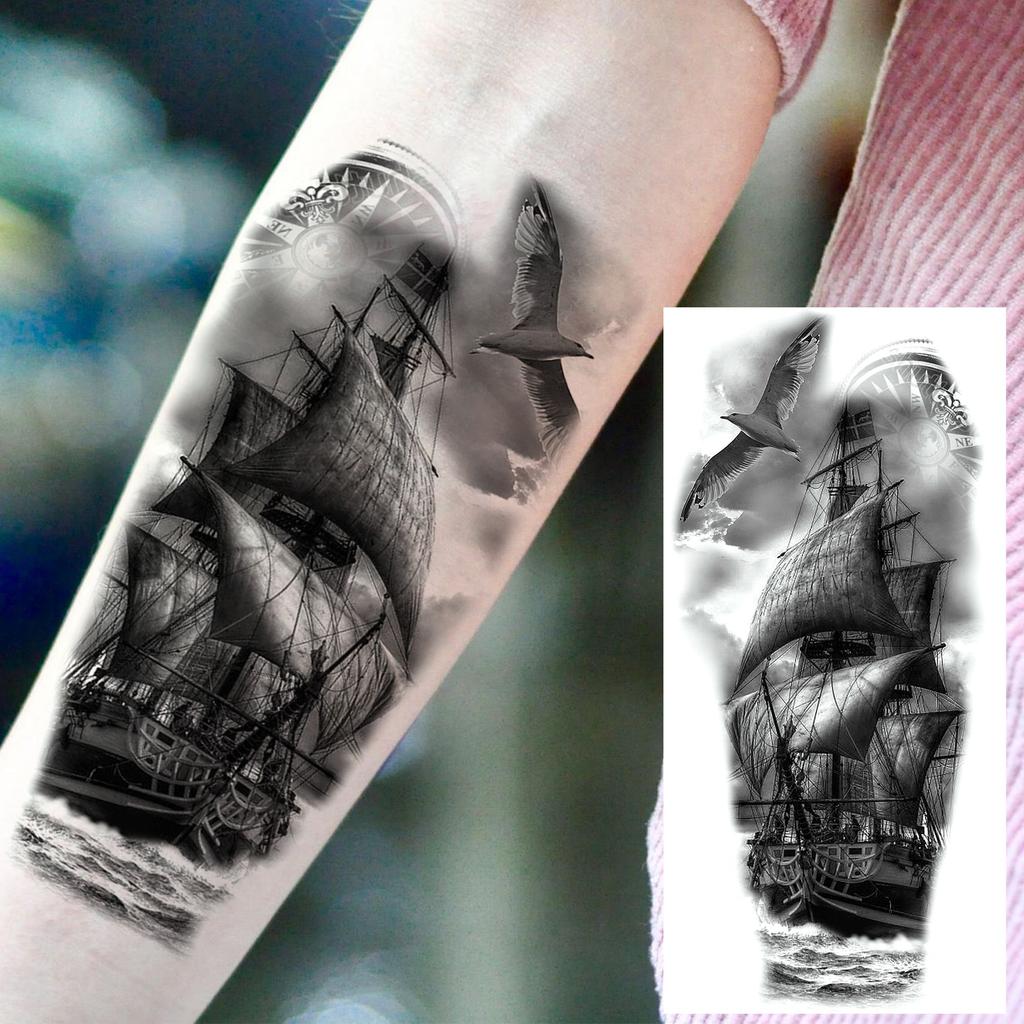 1 Foglio Impermeabile Nave Pirata Vela Tatuaggi Temporanei Per Uomo Donna Bussola Realistica Orologio Tatuaggio Finto Adesivo Lunga Durata