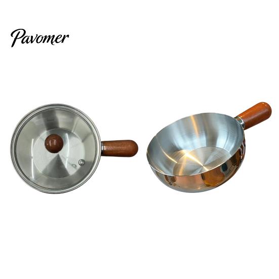 Nonstick Milk Pot with Wooden Handle Instant Noodle Lid And Handle, Stainless Steel Non-Stick Coated Induction Compatible Saucepan for Dorms