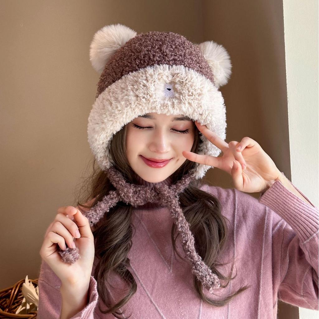Cute Little Bear Plus Velvet Hat for Women In Autumn and Winter New Korean Style Knitted Hat Versatile Warm Ear Protection Fashion Wool Hat