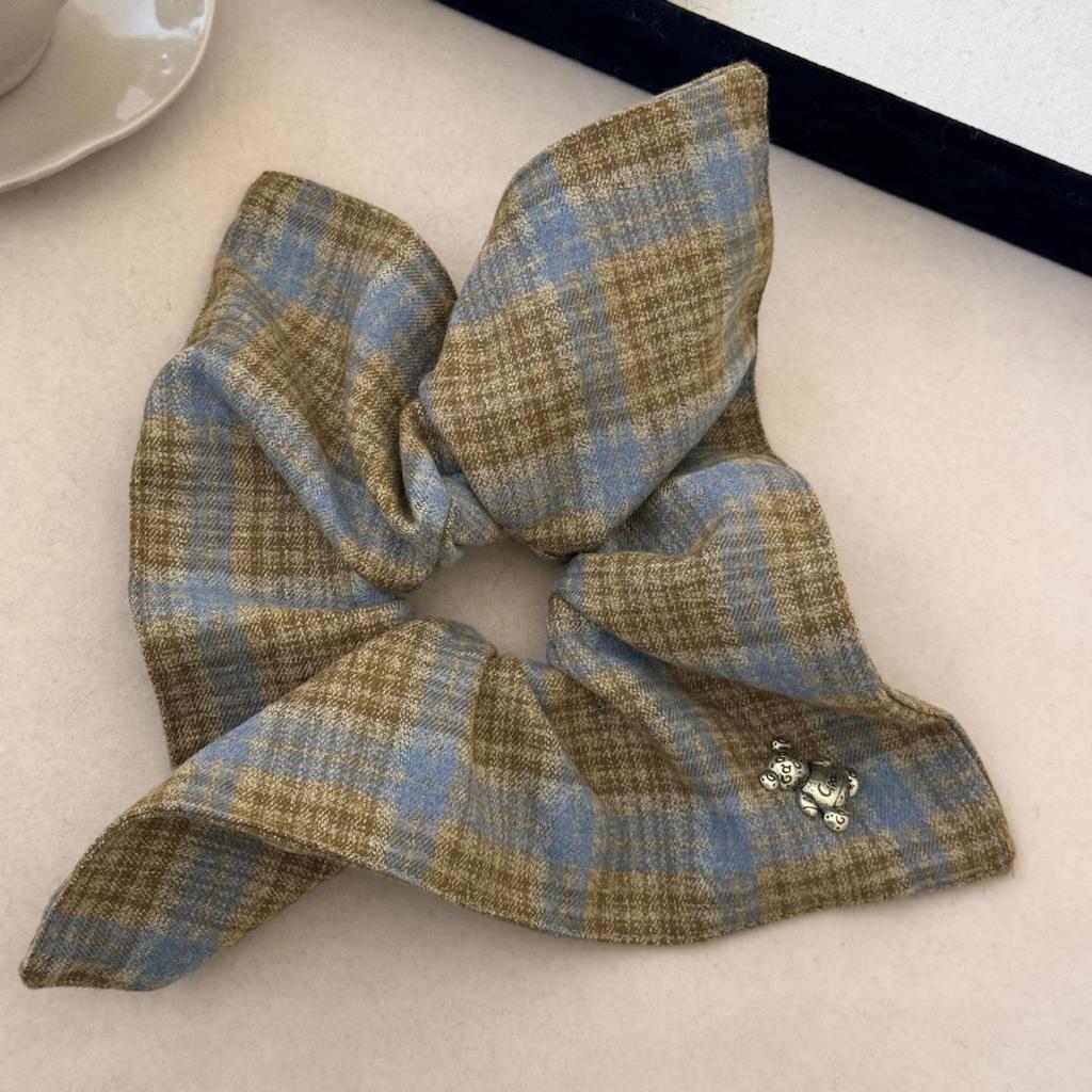 Korean Style Bear Plaid Scarf Hair Band & Ponytail Hair Tie Set