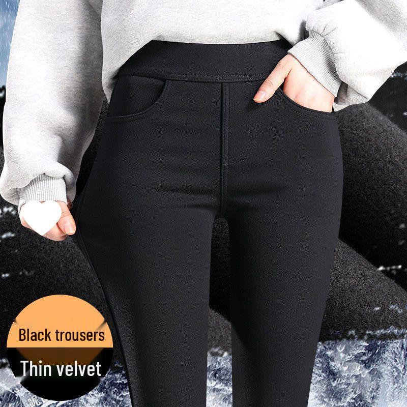 Women's Black Fleece-Lined Leggings - Thick, High Waist, Elastic Waistband, Slim Fit, Perfect for Autumn and Winter.