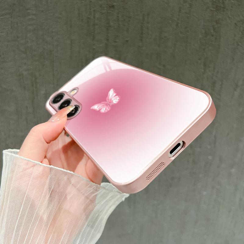 Minimalist Pink Butterfly Glass Phone Case Fashion Phone Cases Mobile Phones for Samsung Galaxy S26 S25 S24 S23 S22FE Ultra Plus