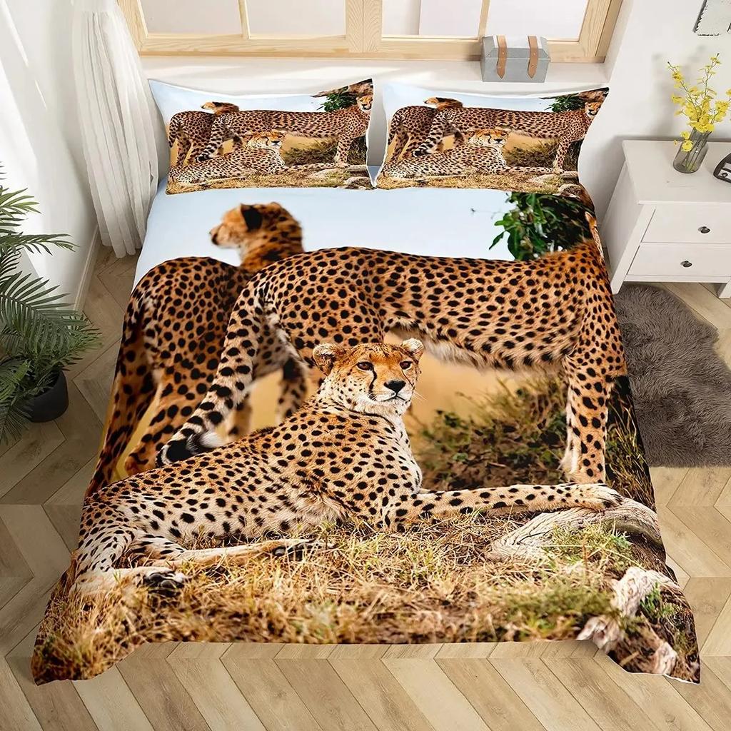 Set Copripiumino Leopardo King Copripiumino Ghepardo Feroce Copriletto Animale Selvatico Safari Decorazione Camera da Letto per Adolescenti Set Biancheria da Letto