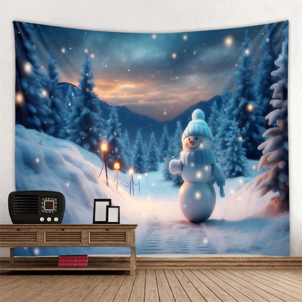 Christmas Snow Landscape Tapestry Wall Hanging Forest Snowman Home Decoration Background Poster Holiday Wall Art Decoration