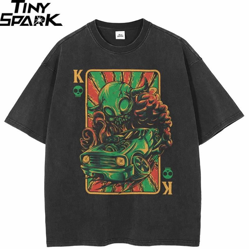Men Hip Hop Streetwear TShirt Alien Attack Poker Graphic T Shirt Vintage Washed Black Print Tshirt Unisex Tops Tee Cotton