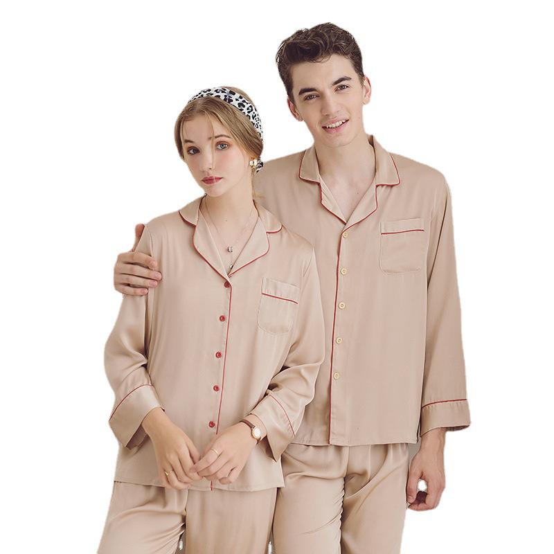 Ice Silk Couple Pajamas: Women's Long Sleeve Two-Piece Set, Spring/Autumn, Thin Style, Plus Size, Stylish Men's Home Wear