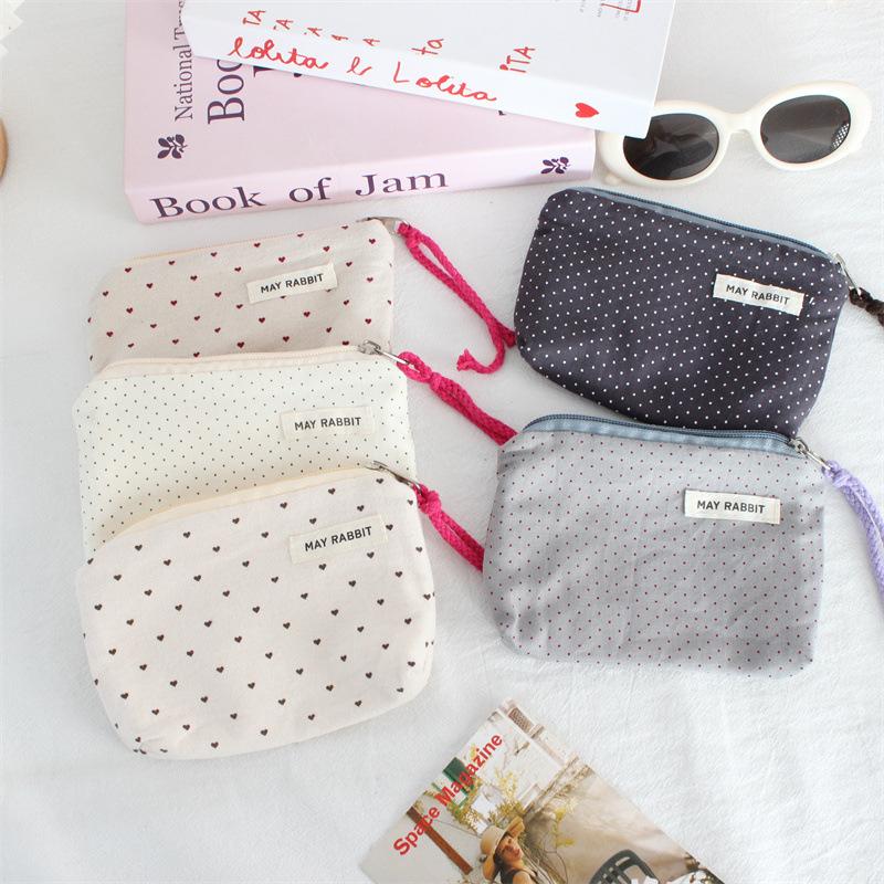 Korean Dot Love Canvas Coin Wallet Portable Mini Makeup Bag Simple Fabric Zipper Coin Purse Key Earphone ID Bag Kids Cute Purse