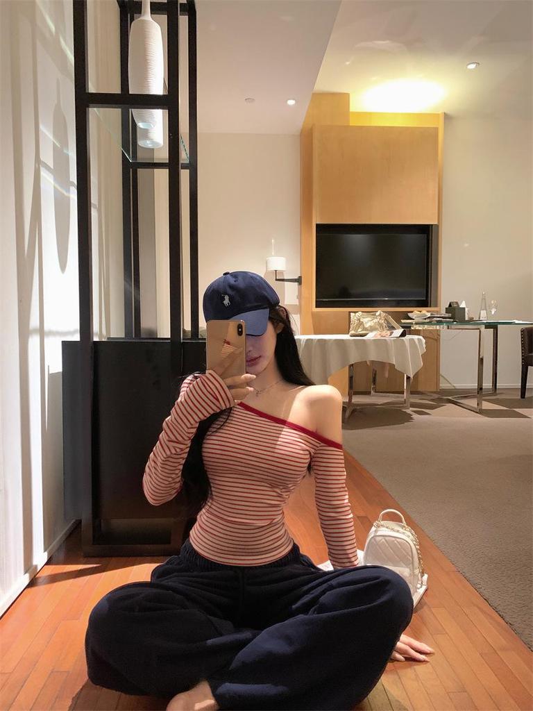 Pink Striped One-Shoulder Slim-Fit Long-Sleeve Top for Petite Women - Autumn/Winter Style