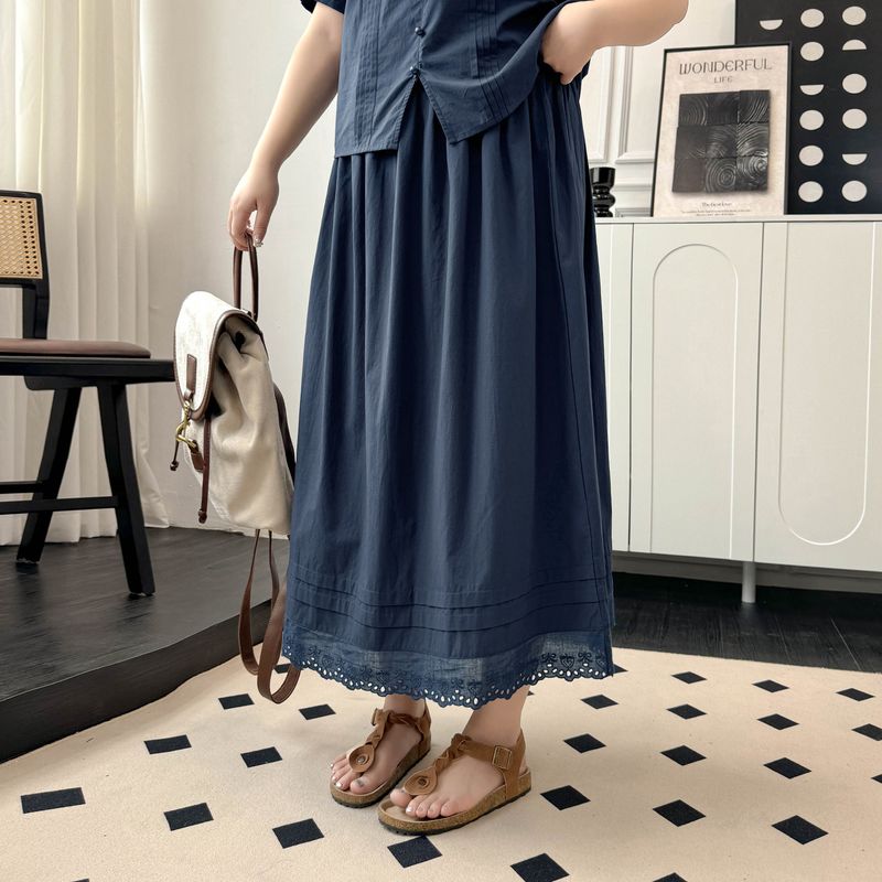 

Plus Size Women s Clothing [Pastoral Girl Set] Heavy Embroidery V Neck Short Sleeve Shirt Skirt Summer Two-piece Set Royal Blue-Skirt 4XL