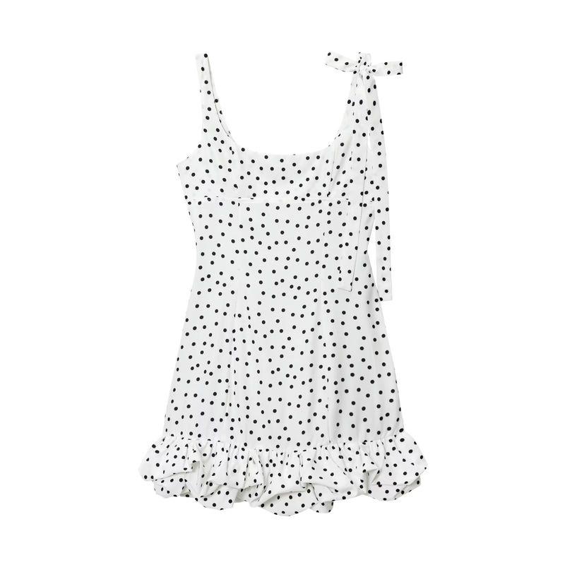 

Kaslead Новое поступление Женская одежда Модный стиль Модное платье в горошек с самозавязывающимся поясом и оборками 750149 Black spot on white background L