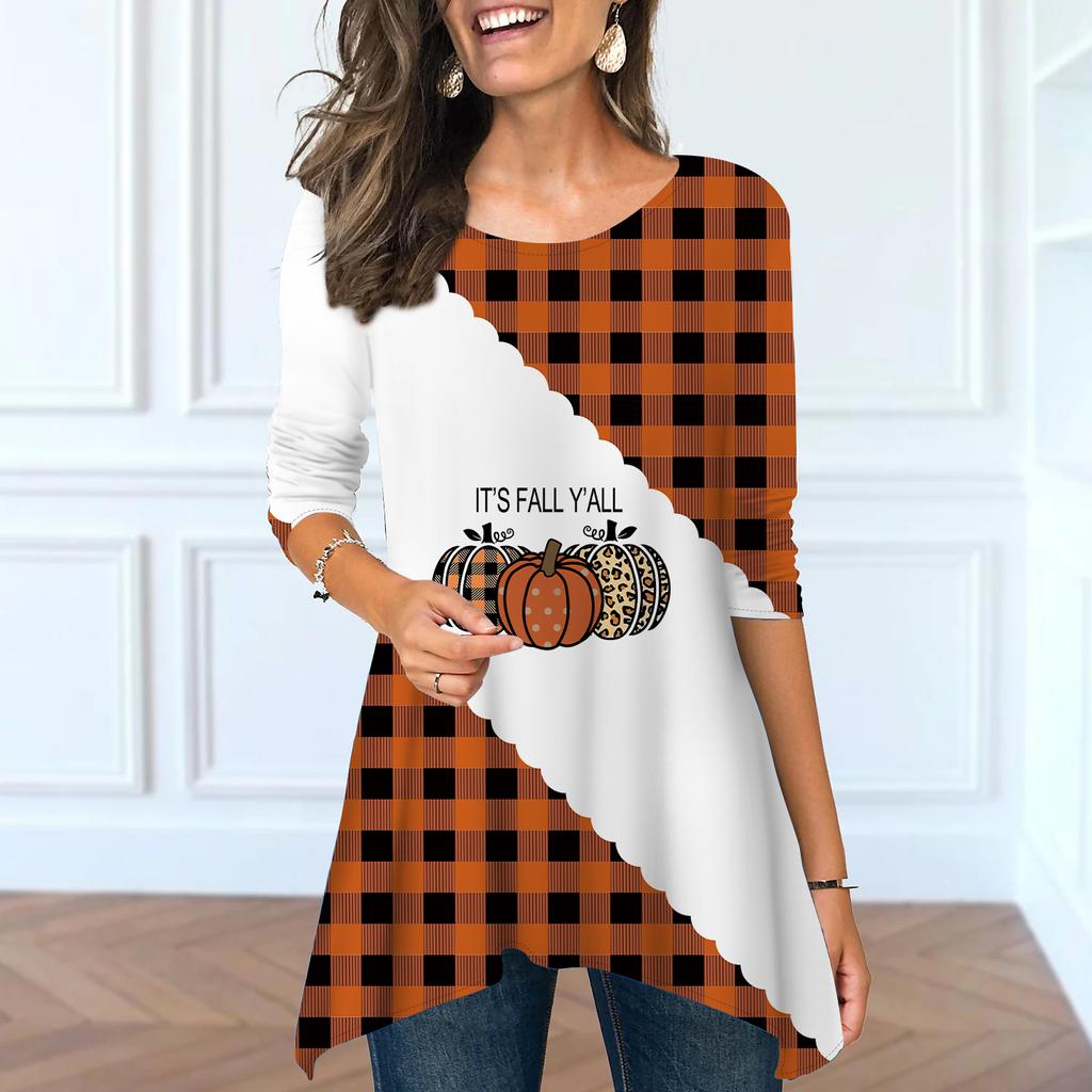 Women Spring O Neck Stripe Print Tops Fashion Long-sleeved Irregular Hem T-shirt Tops