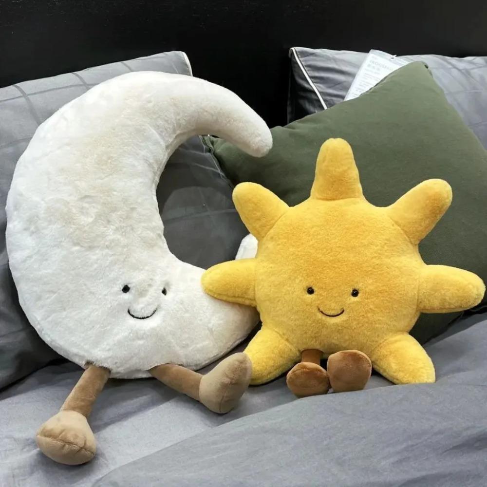 Adorável Sorriso Rosto Branco Lua Sol Amarelo Pelúcia Recheado Bonito Desenho Animado Clima Brinquedo de Pelúcia para Decoração de Quarto de Criança Sofá Almofada