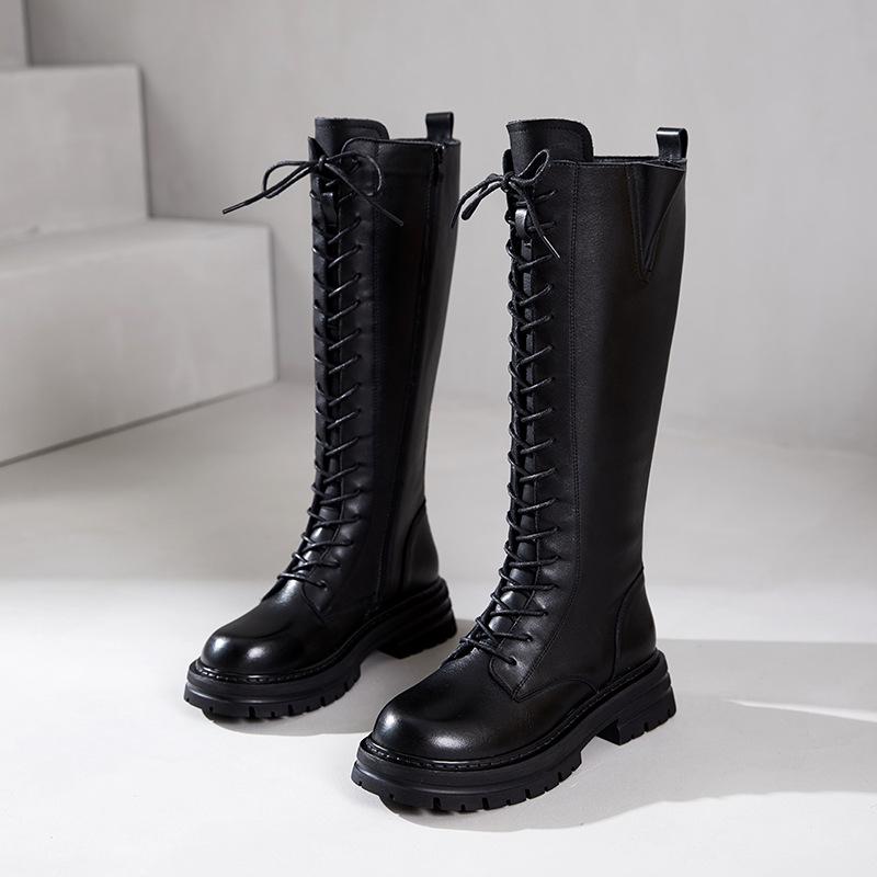 

[Эмбрион телячьей кожи] Ботинки из коровьей кожи первого слоя женские осень-зима 2025 кожаные на толстой подошве бархатные рыцарские ботинки 35