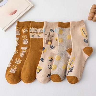 5 Paar Damen-Mittelwadensocken für Frühling und Herbst, Lange Baumwollsocken für Oberbekleidung, Lange Socken für Herbst und Winter, Retro-Frotteesocken für Damen
