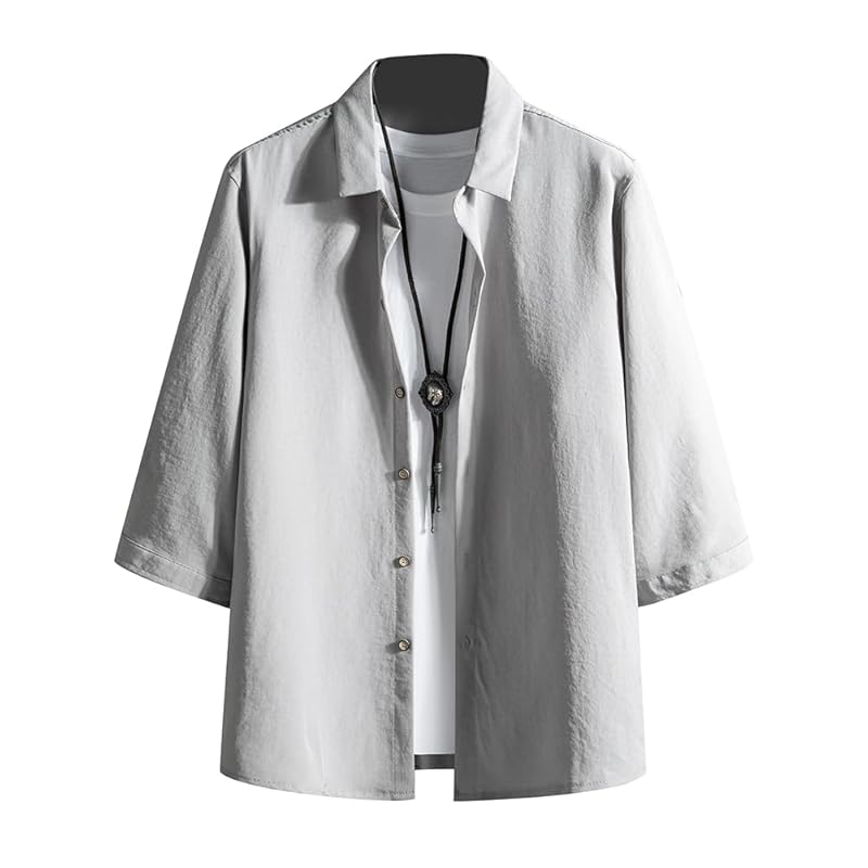 

[FUZHIHUA] shirt men s 3/4 sleeve summer clothes Plain color large size clothes