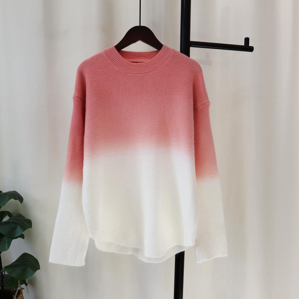 Autumn and winter new design sense gradual change of color sweater pullover women soft waxy loose lazy wind knitted sweater top