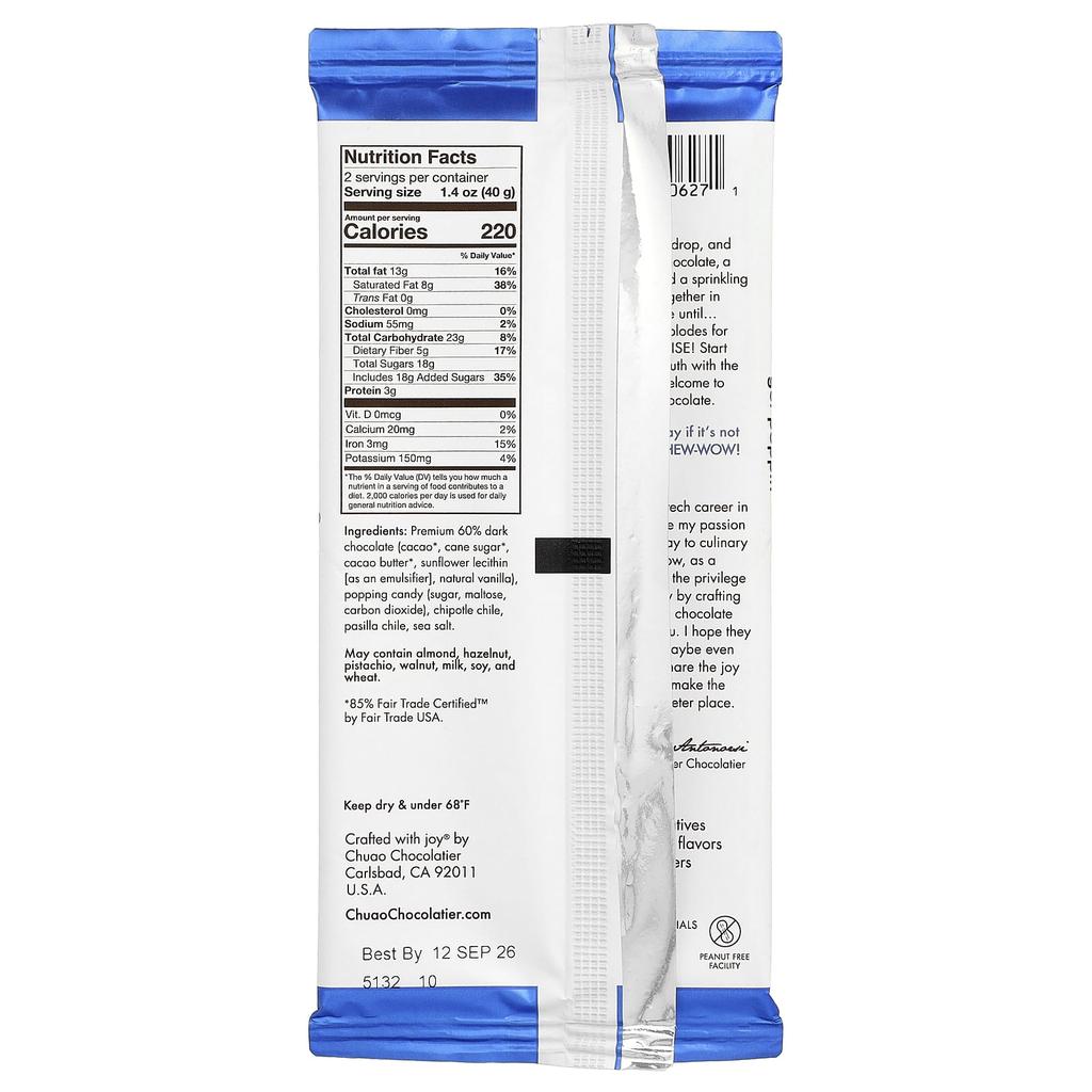 Chuao Chocolatier, Dark Chocolate Bar, Firecracker™ Popping Candy, 80g (2.8oz)