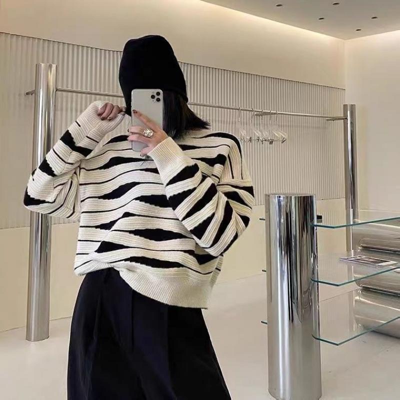 Women's Clothing Winter Sweater Loose Pullover Casual Korean Fashion Print Striped Knitted Tops Elegant and Simple Jumper Female